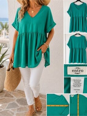 entro Teal V-Neck Babydoll Tunic Top